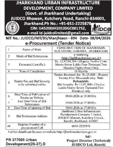 Jharkhand Urban Infrastructure Development Company Limited Tender Notice