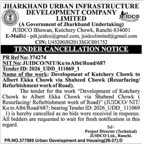 Jharkhand Urban Infrastructure: Road Resurfacing Tender Cancellation