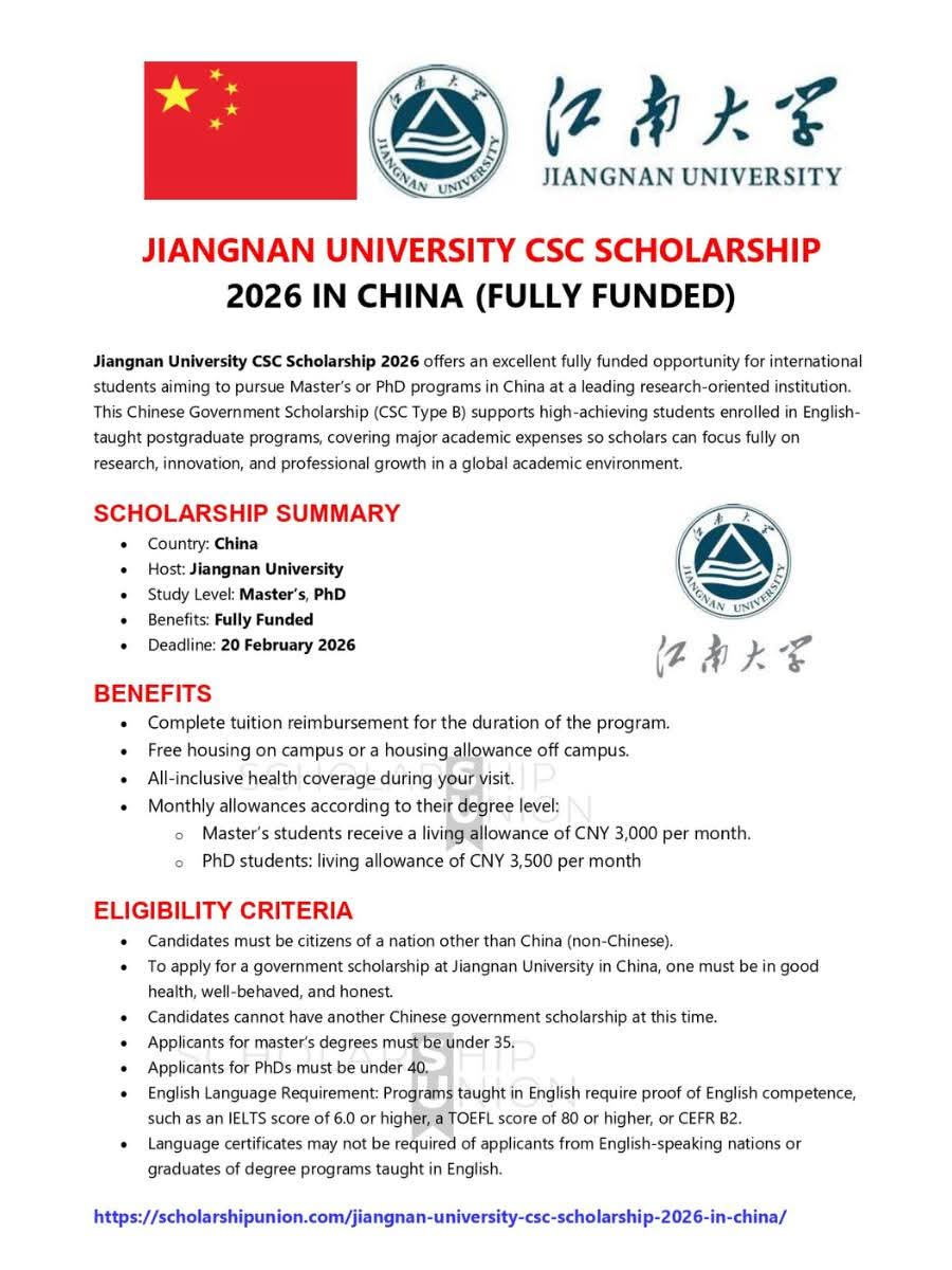 Jiangnan University CSC Scholarship 2026 in China