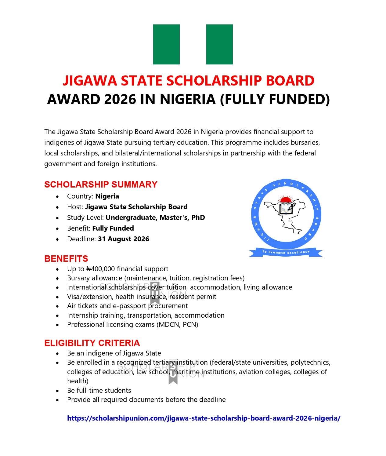 Jigawa State Scholarship Board Award 2026 in Nigeria