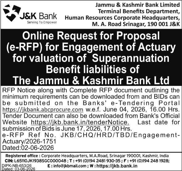 J&K Bank: Request for Proposal for Actuary Engagement