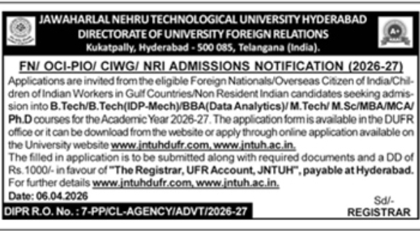 JNTUH Global Admissions 2026-27