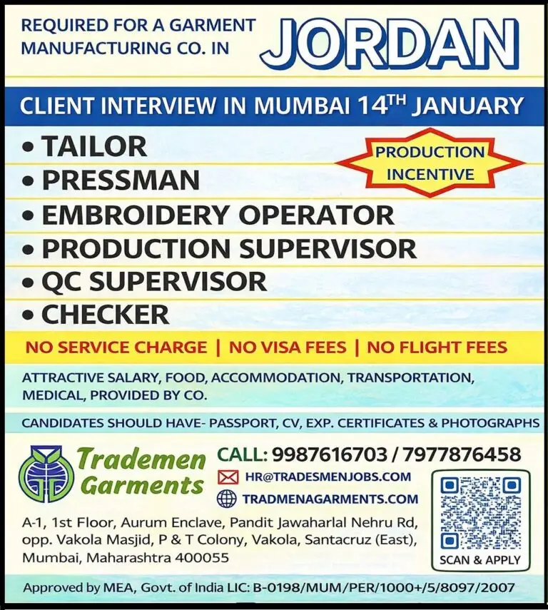JOB OPPORTUNITIES AT A GARMENT MANUFACTURING COMPANY IN JORDAN