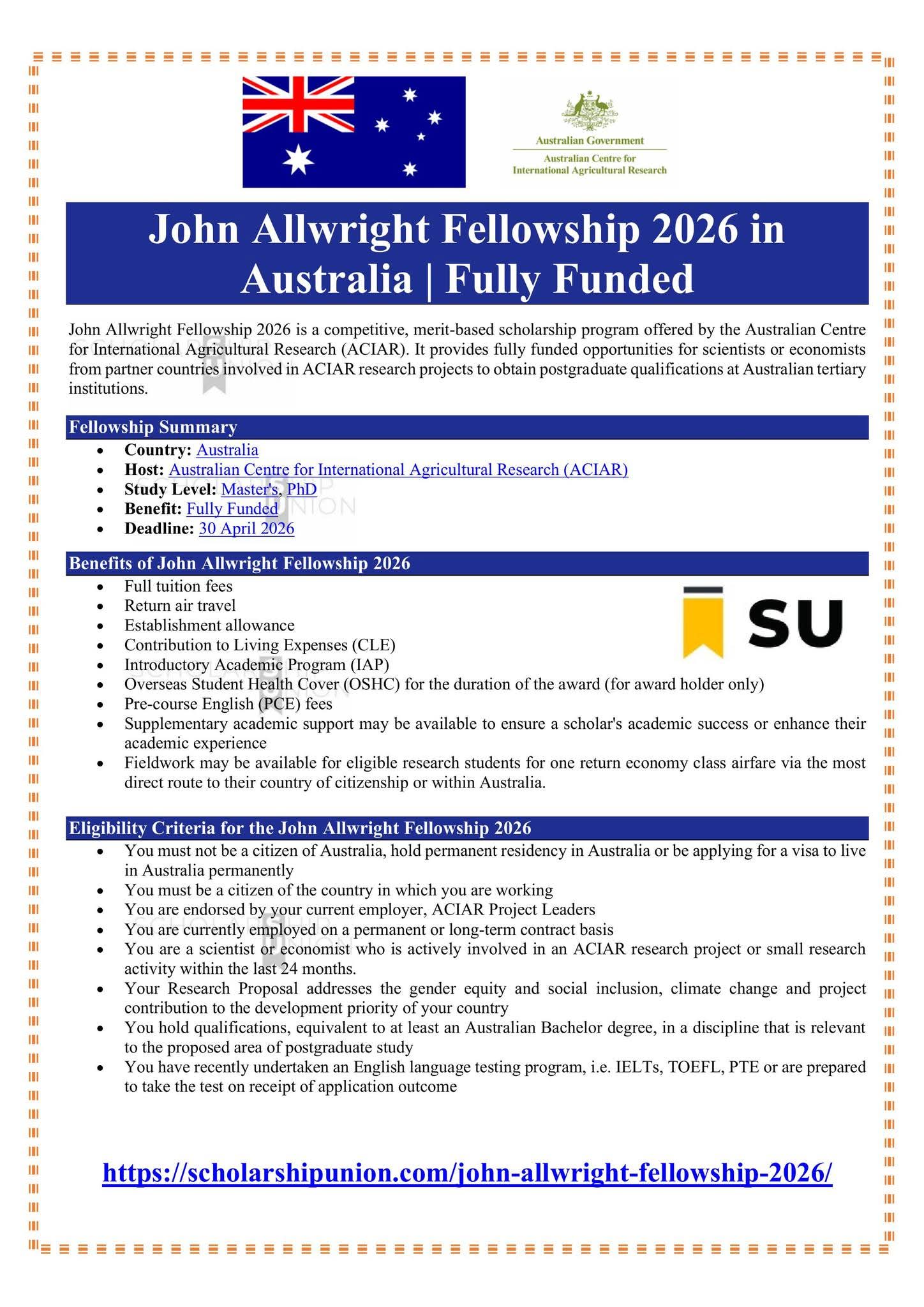 John Allwright Fellowship 2026 in Australia