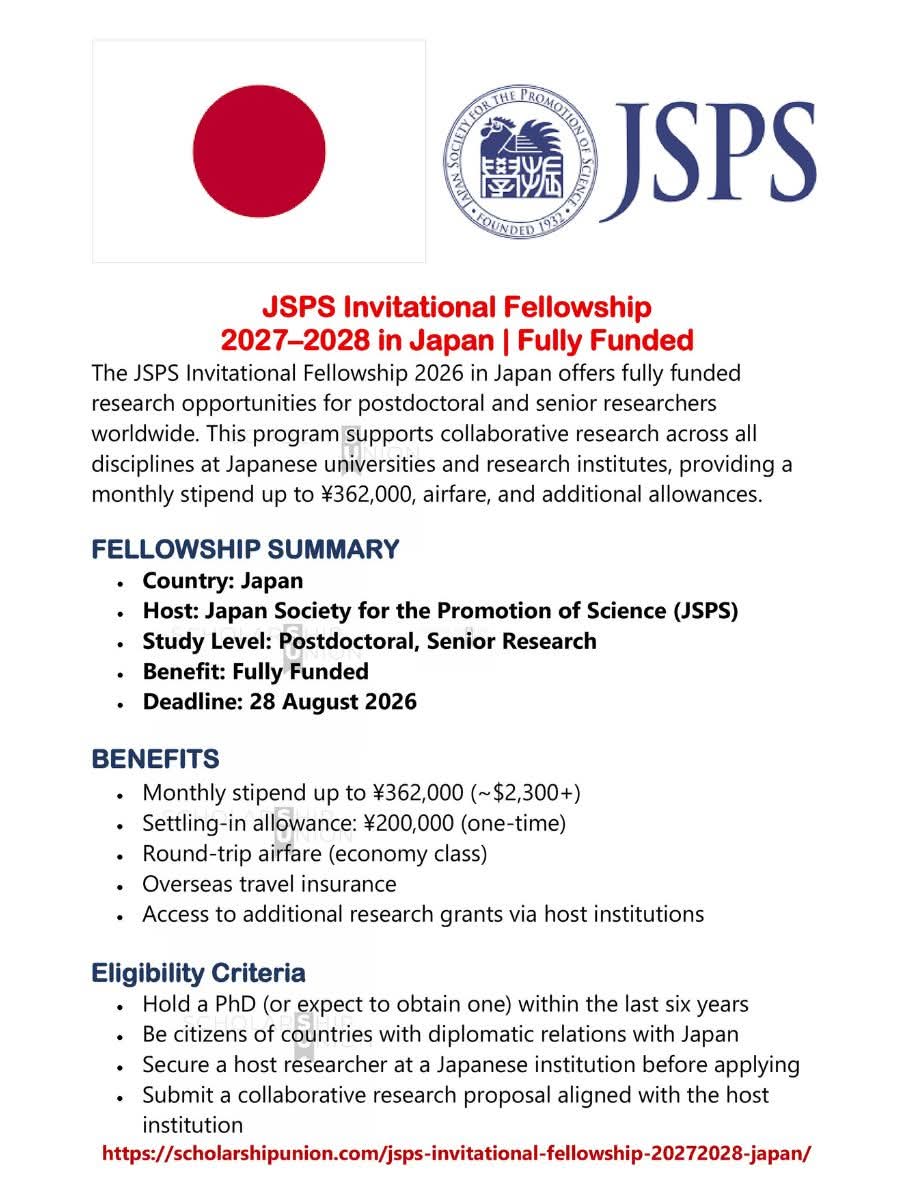 JSPS International Fellowships 2027-2028 in Japan