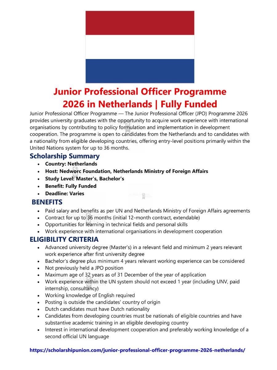 Junior Professional Officer Programme 2026 in Netherlands