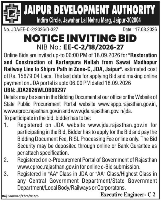 Kartarpura Nallah Construction and Restoration Tender by JDA