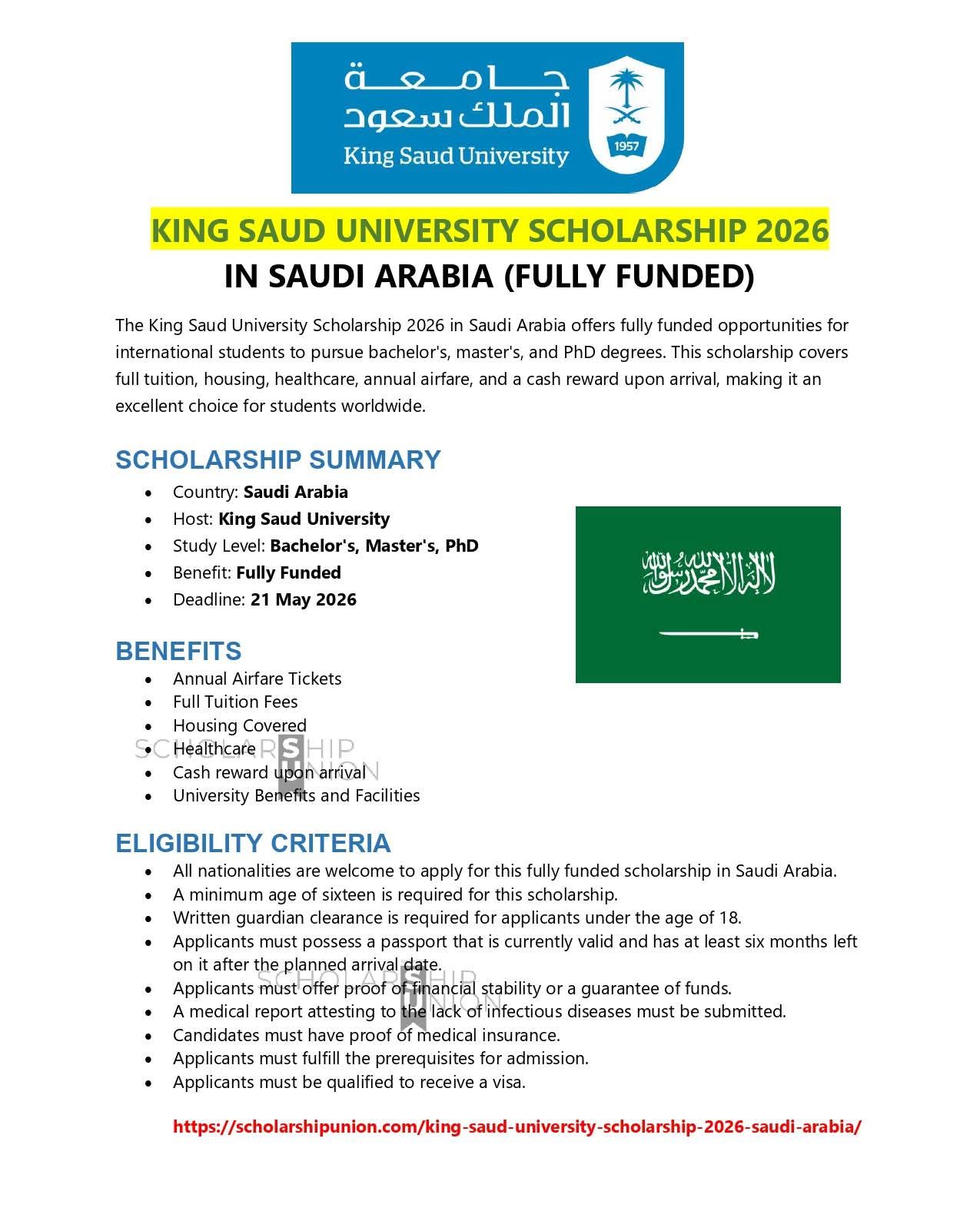 King Saud University Scholarship 2026 in Saudi Arabia