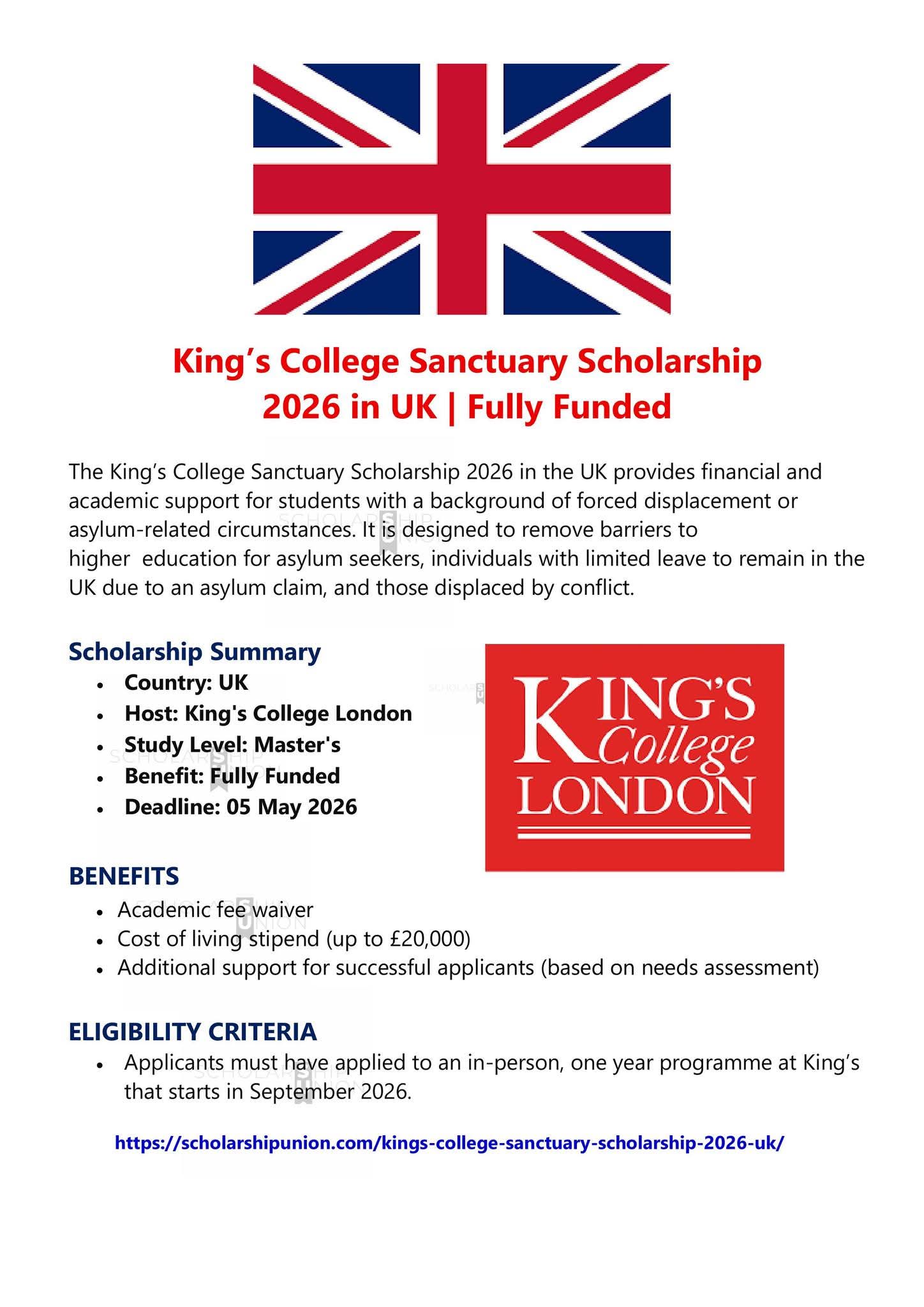 King’s College Sanctuary Scholarship 2026 in UK