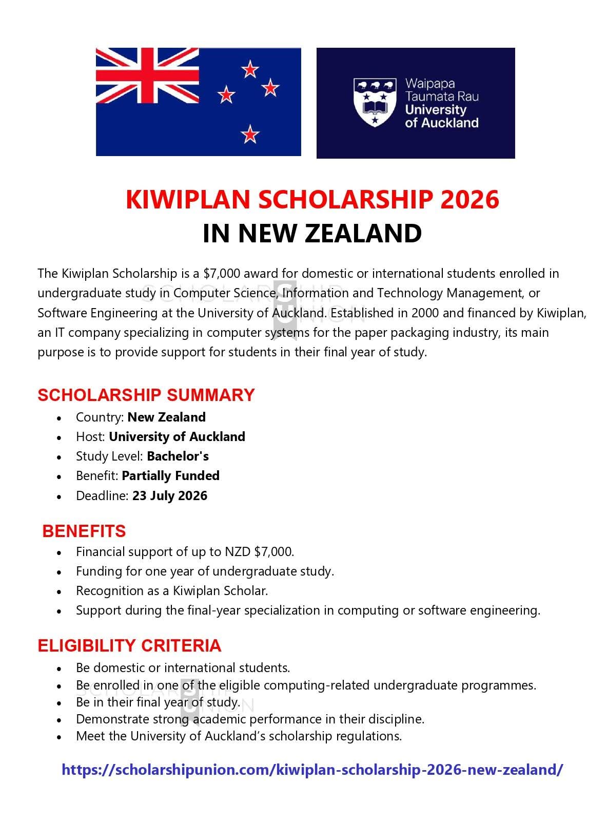 Kiwiplan Scholarship 2026 in New Zealand
