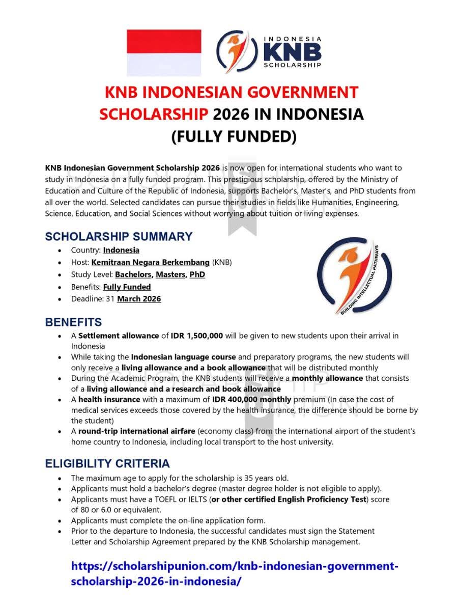 KNB Indonesian Government Scholarship 2026 In Indonesia