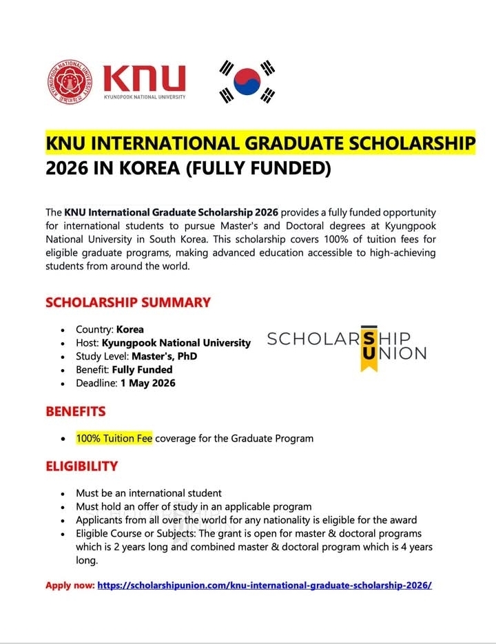 KNU International Graduate Scholarship 2026 in Korea