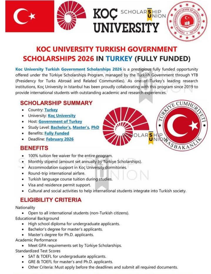 Koc University Turkish Government Scholarships 2026 in Turkey  (Fully Funded)