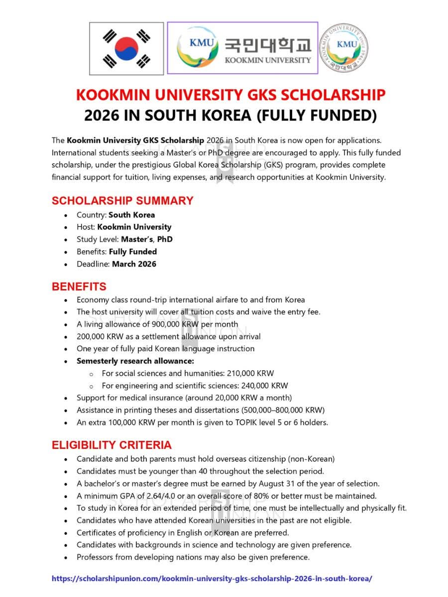 Kookmin University GKS Scholarship 2026 In South Korea