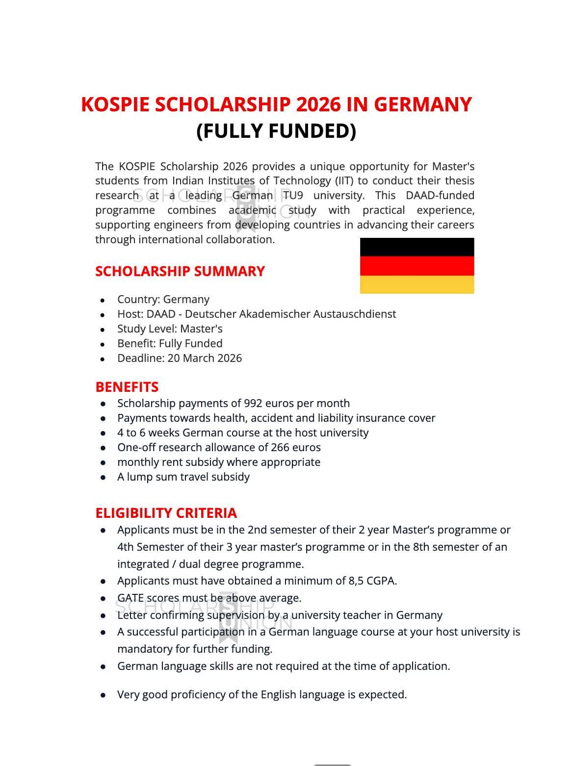 KOSPIE Scholarship 2026 in Germany