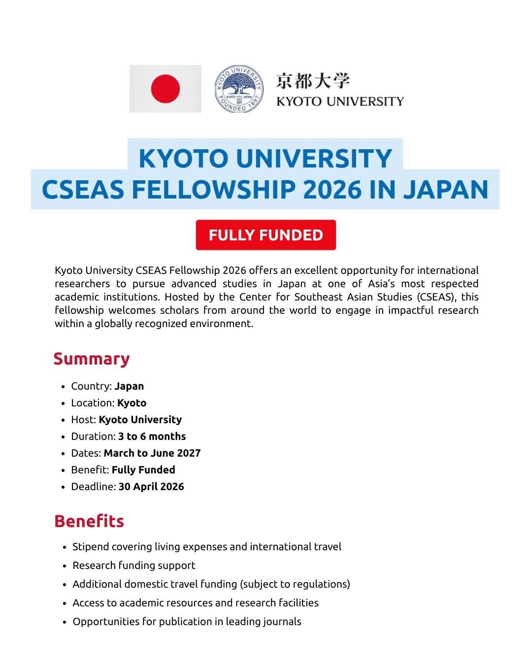 Kyoto University CSEAS Fellowship 2026 in Japan