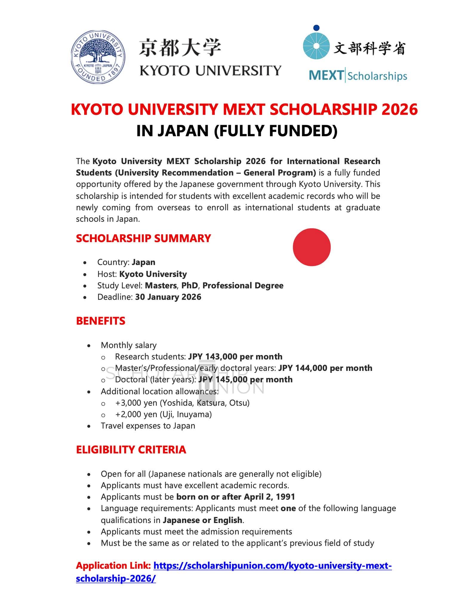KYOTO UNIVERSITY MEXT SCHOLARSHIP 2026 IN JAPAN(Fully Funded)