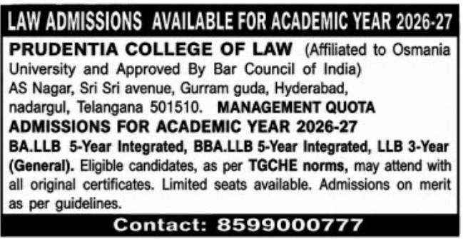 Law Admissions Notification for Academic Year 2026-27 by PCL