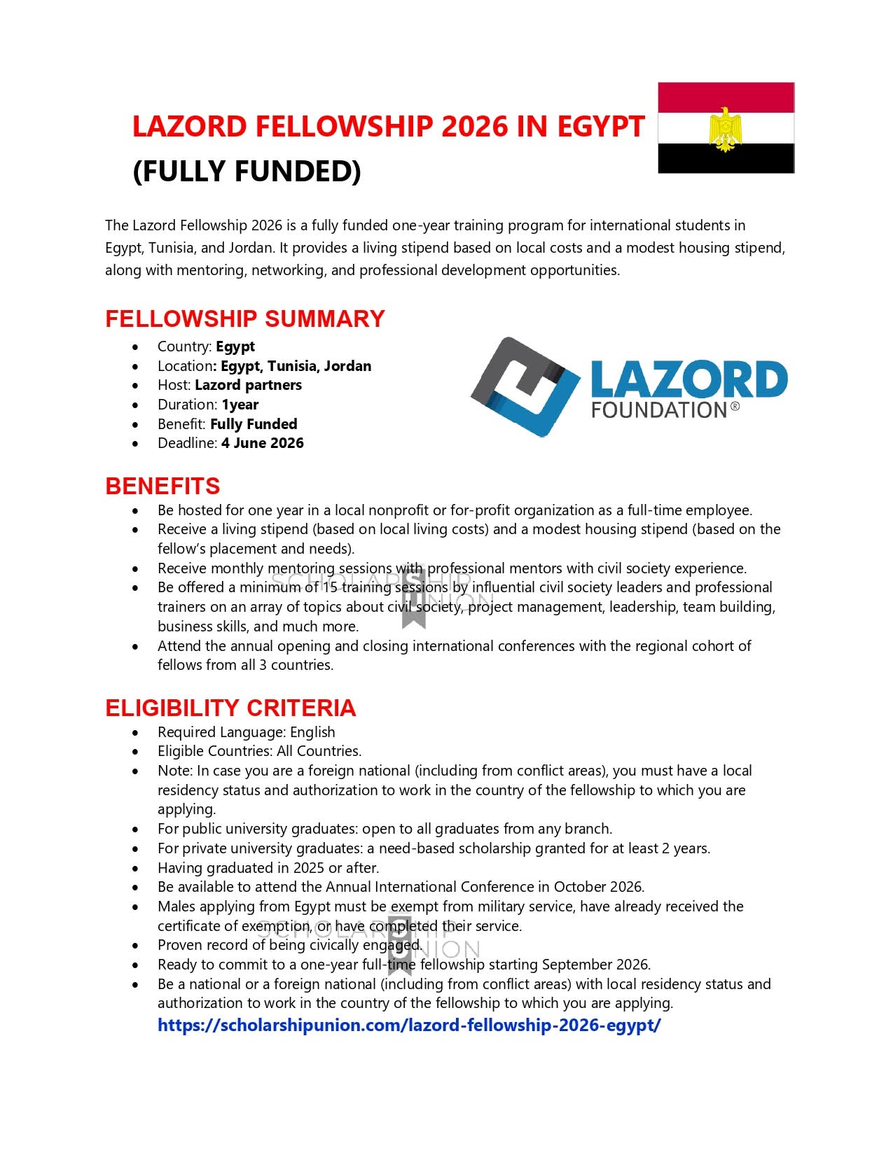 Lazord Fellowship 2026 in Egypt