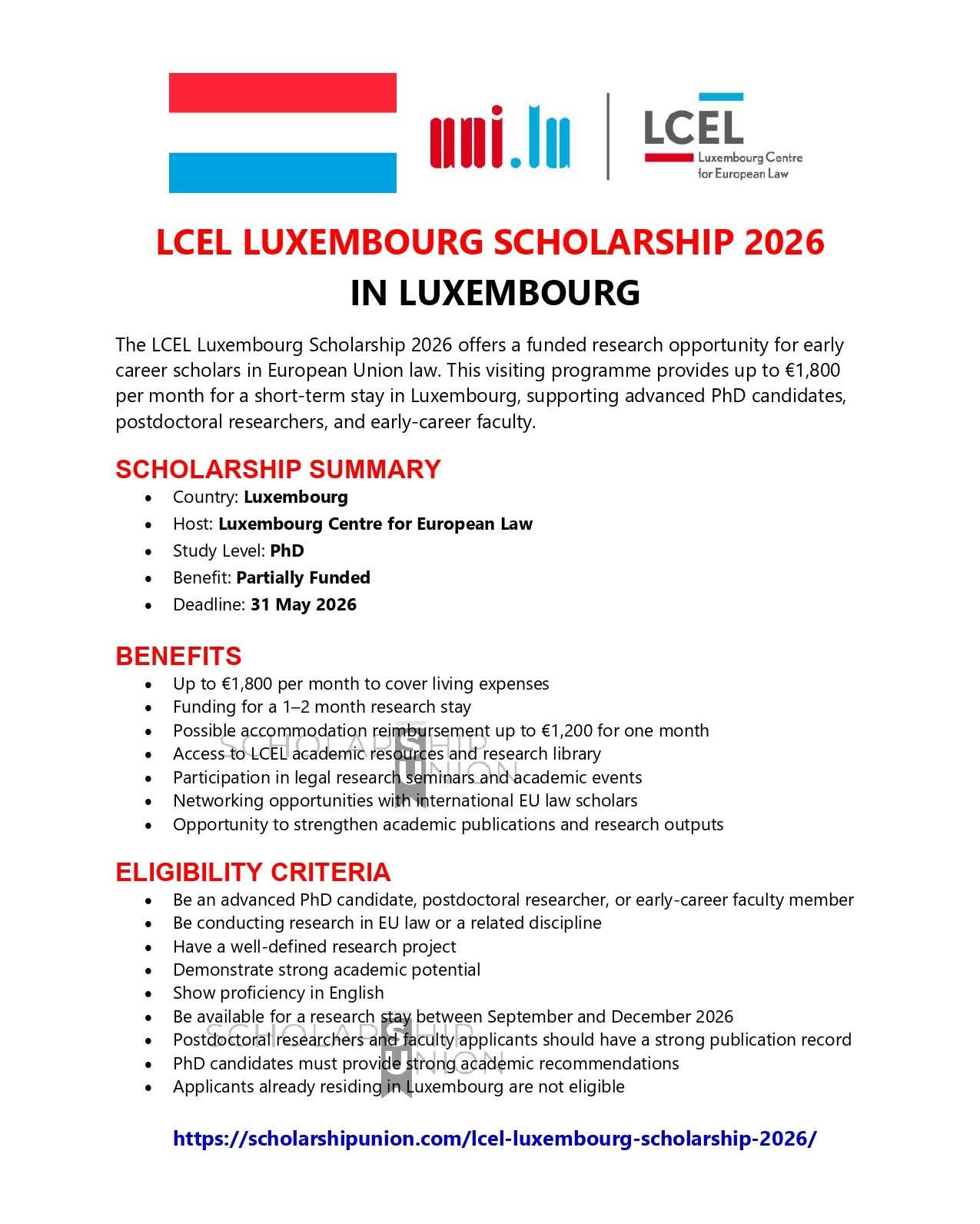 LCEL Luxembourg Scholarship 2026 in Luxembourg