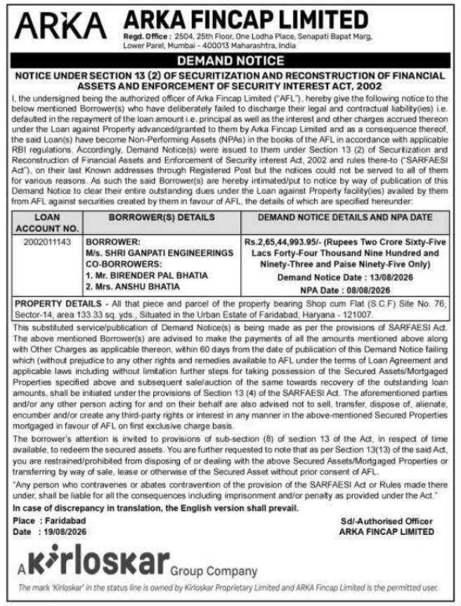 Legal Demand Notice Under SARFAESI Act 2002 by Arka Fincap Limited