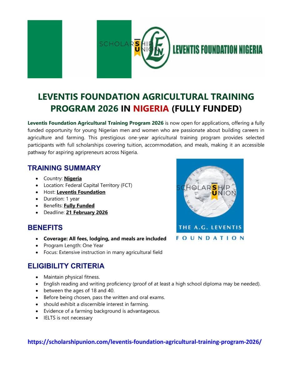 Leventis Foundation Agricultural Training Program 2026 In Nigeria