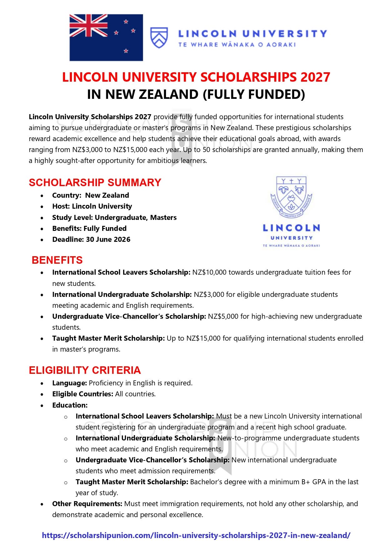 Lincoln University Scholarships 2027 in New Zealand