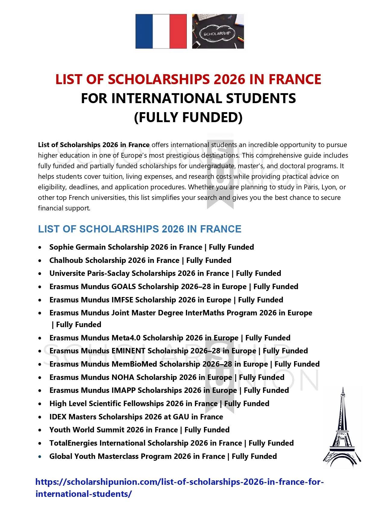 List of Scholarships in France 2026