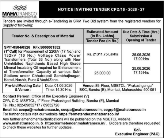 MAHATRANSCO E-Tender Invitation for Sub-Station Equipment Supply