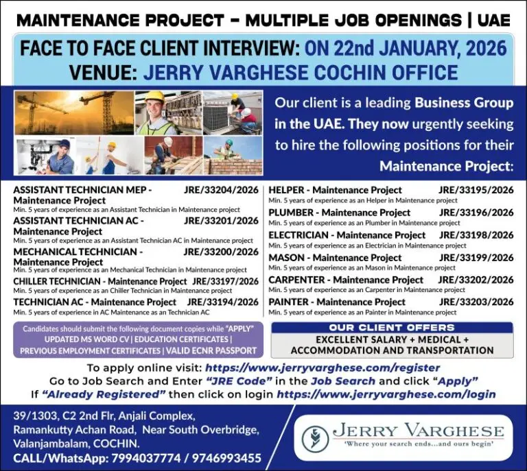 MAINTENANCE PROJECT VACANCIES – UAE