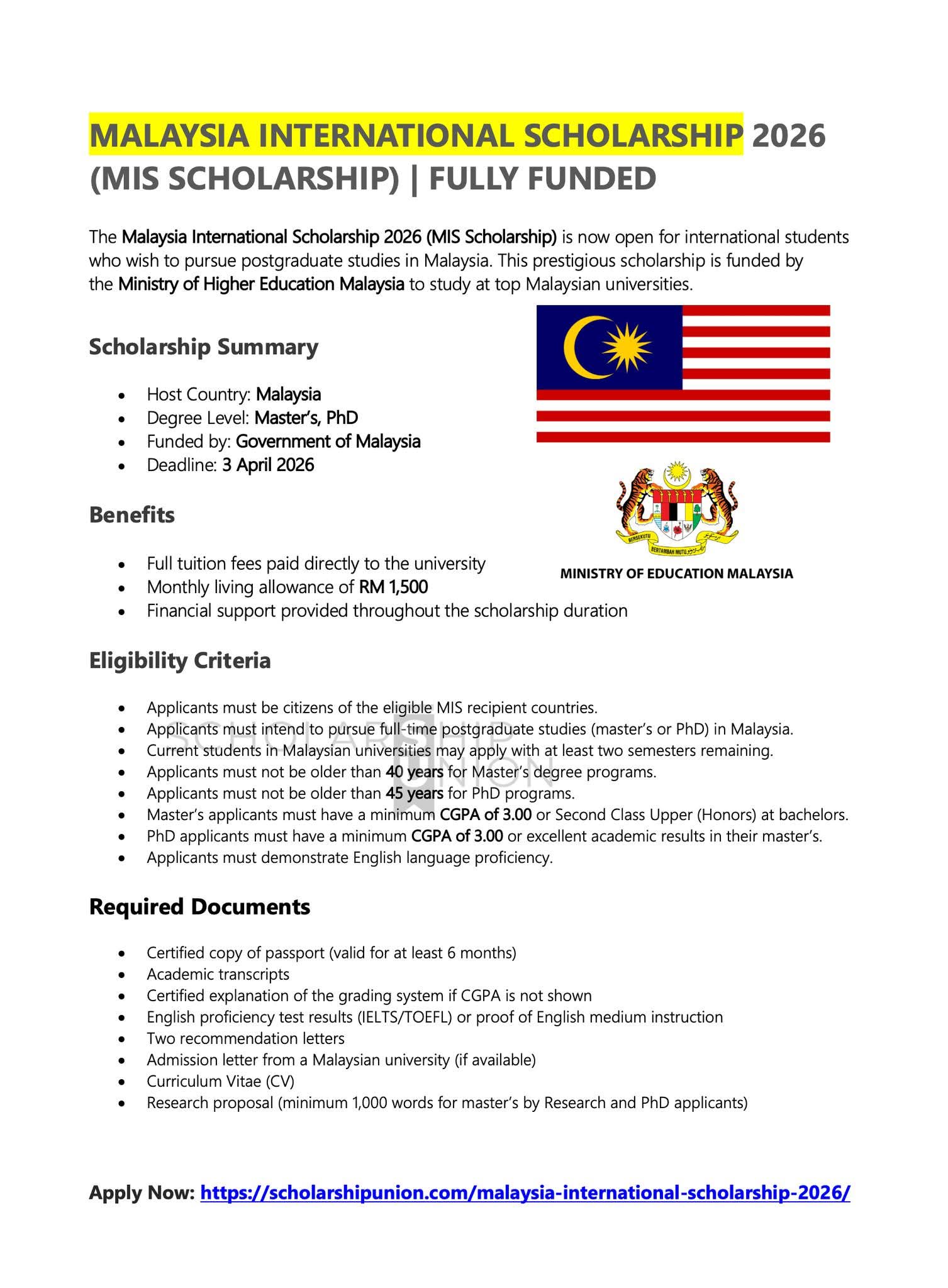 Malaysia International Scholarship (MIS) 2026