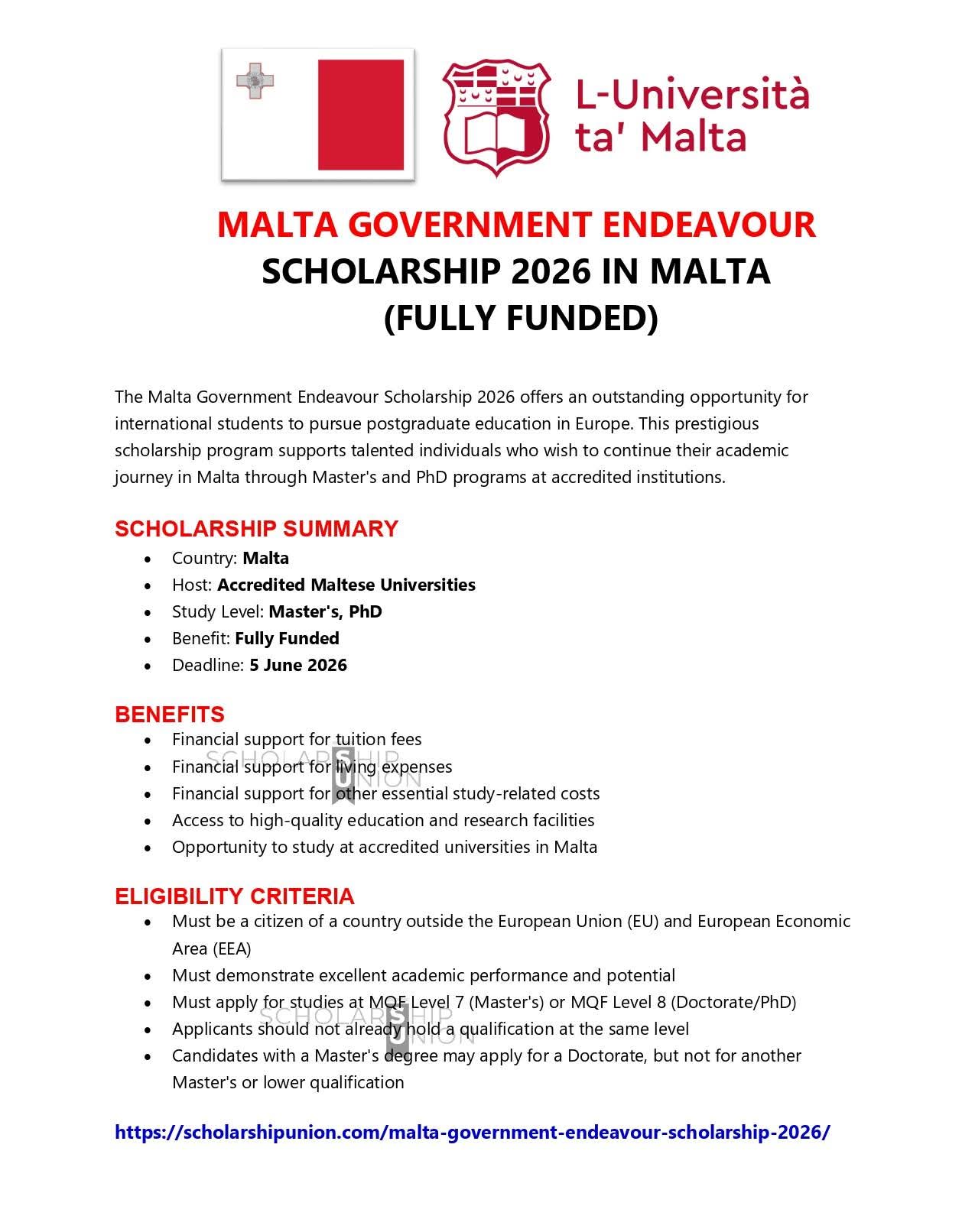 Malta Government  Endeavour Scholarship 2026 in Malta