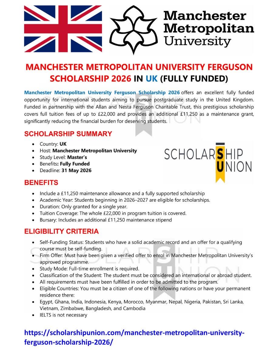 Manchester Metropolitan University (MMU) Ferguson Scholarship 2026 in UK