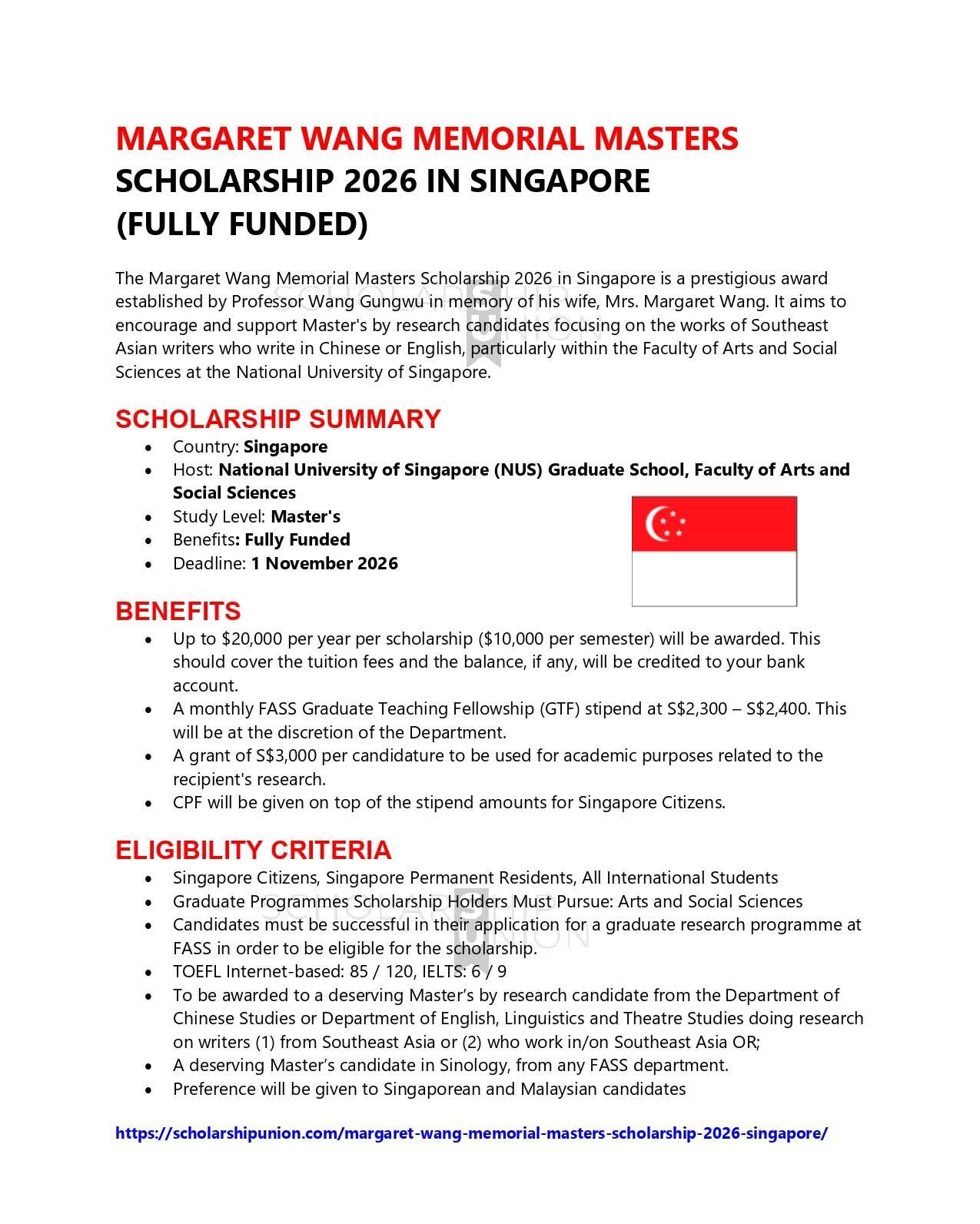 Margaret Wang Memorial Master’s Scholarship 2026 in Singapore