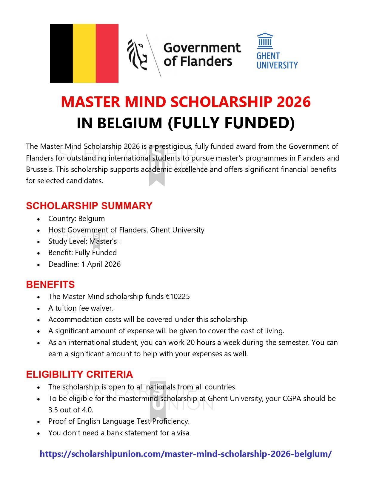 Master Mind Scholarship 2026 in Belgium