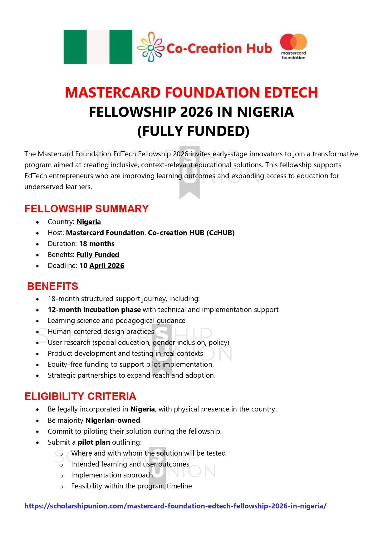Mastercard Foundation EDTECH Fellowship 2026 in Nigeria