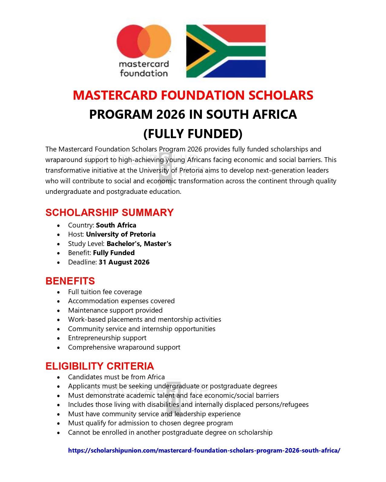 Mastercard Foundation Scholars Program 2026 in South Africa
