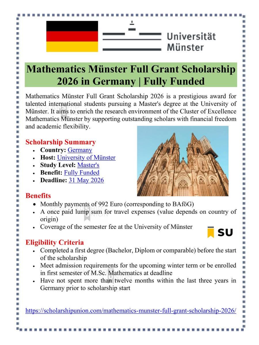 Mathematics Münster Full Grant Scholarship 2026 in Germany
