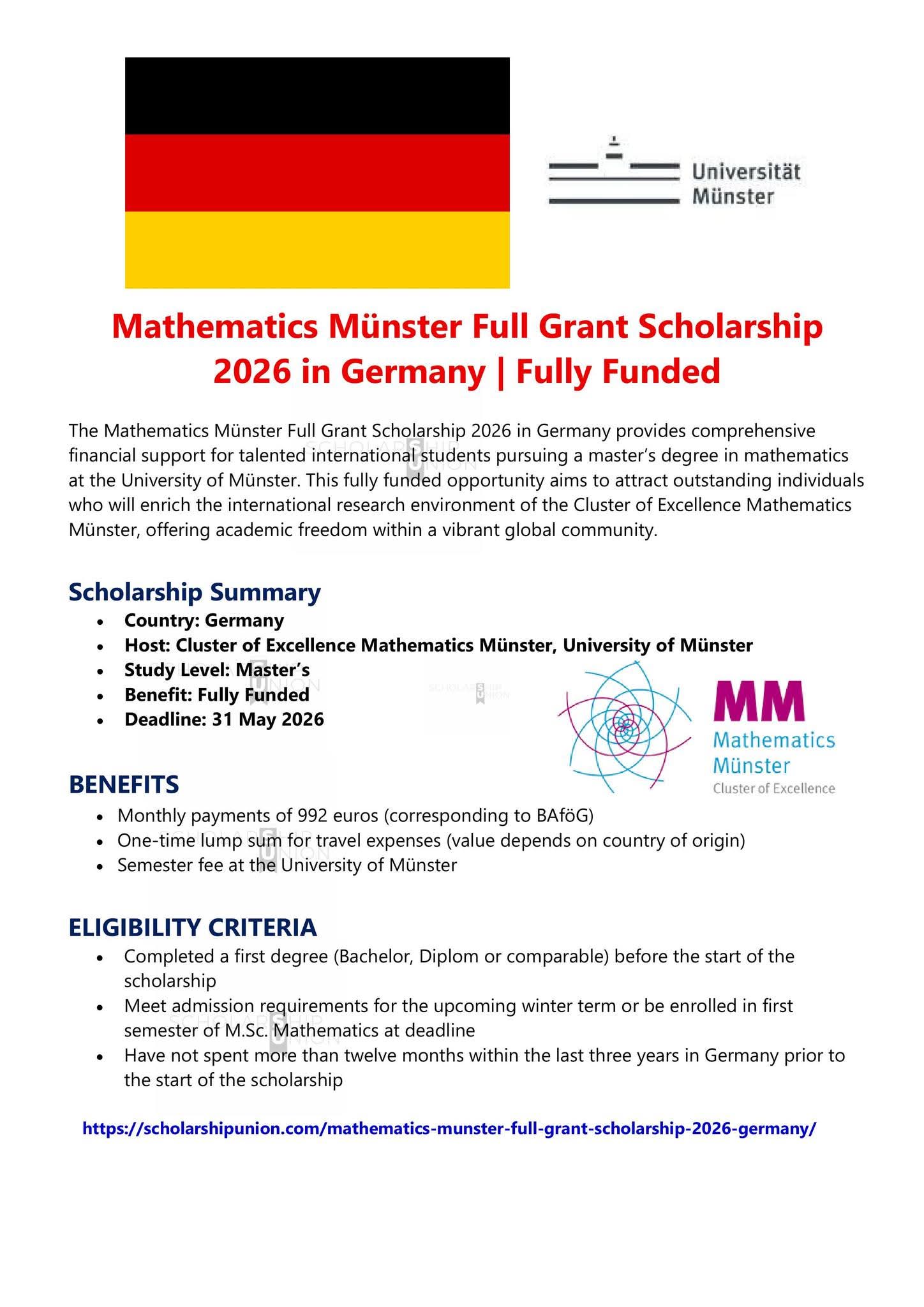 Mathematics Münster Full Grant Scholarship 2026 in Germany