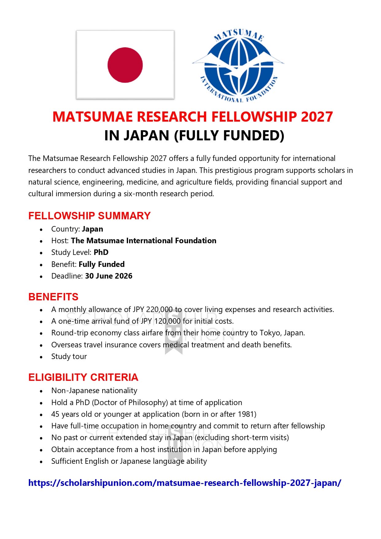 Matsumae Research Fellowship 2027 in Japan