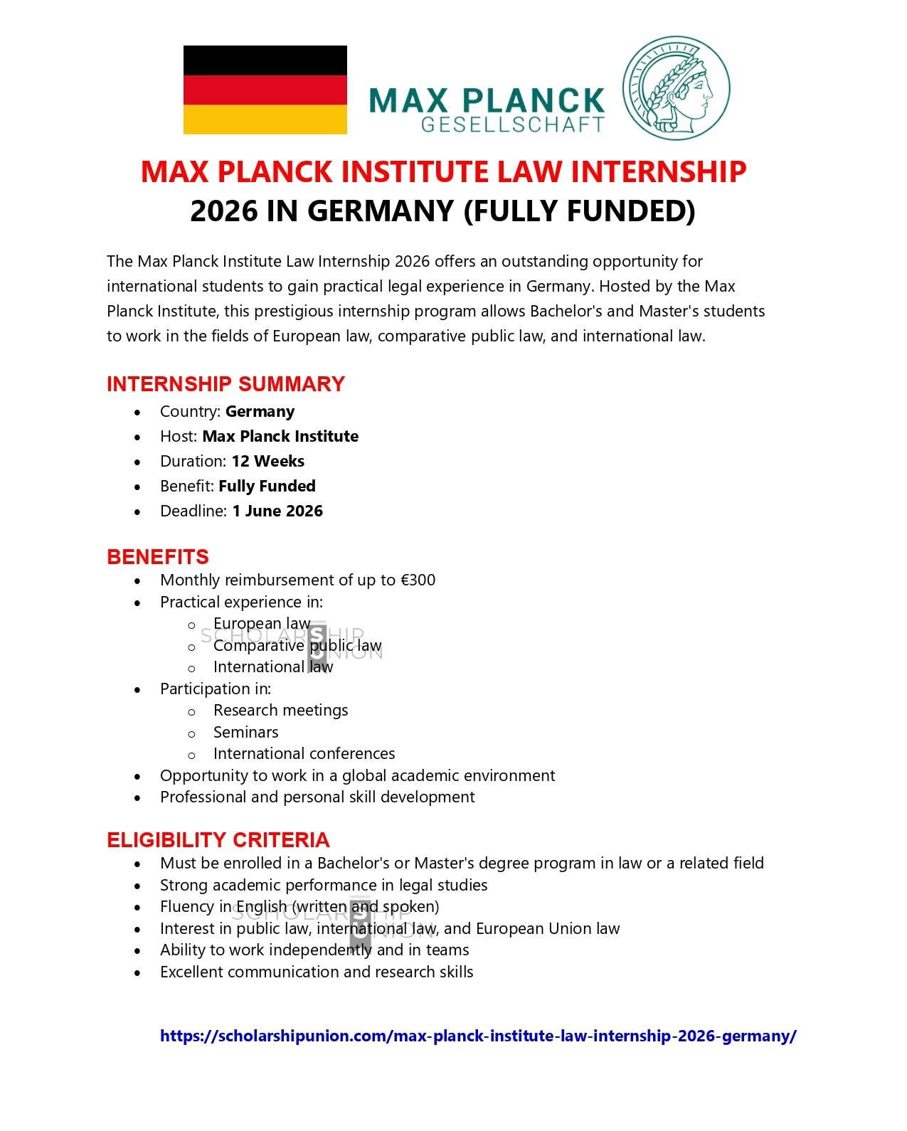 Max Planck Institute Law Internship 2026 in Germany