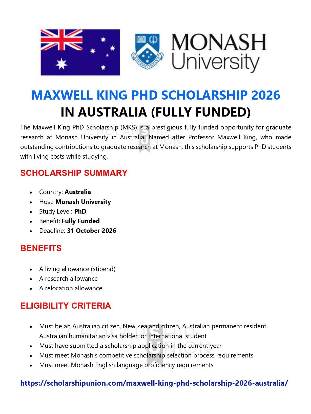 Maxwell King PhD Scholarship 2026 in Australia
