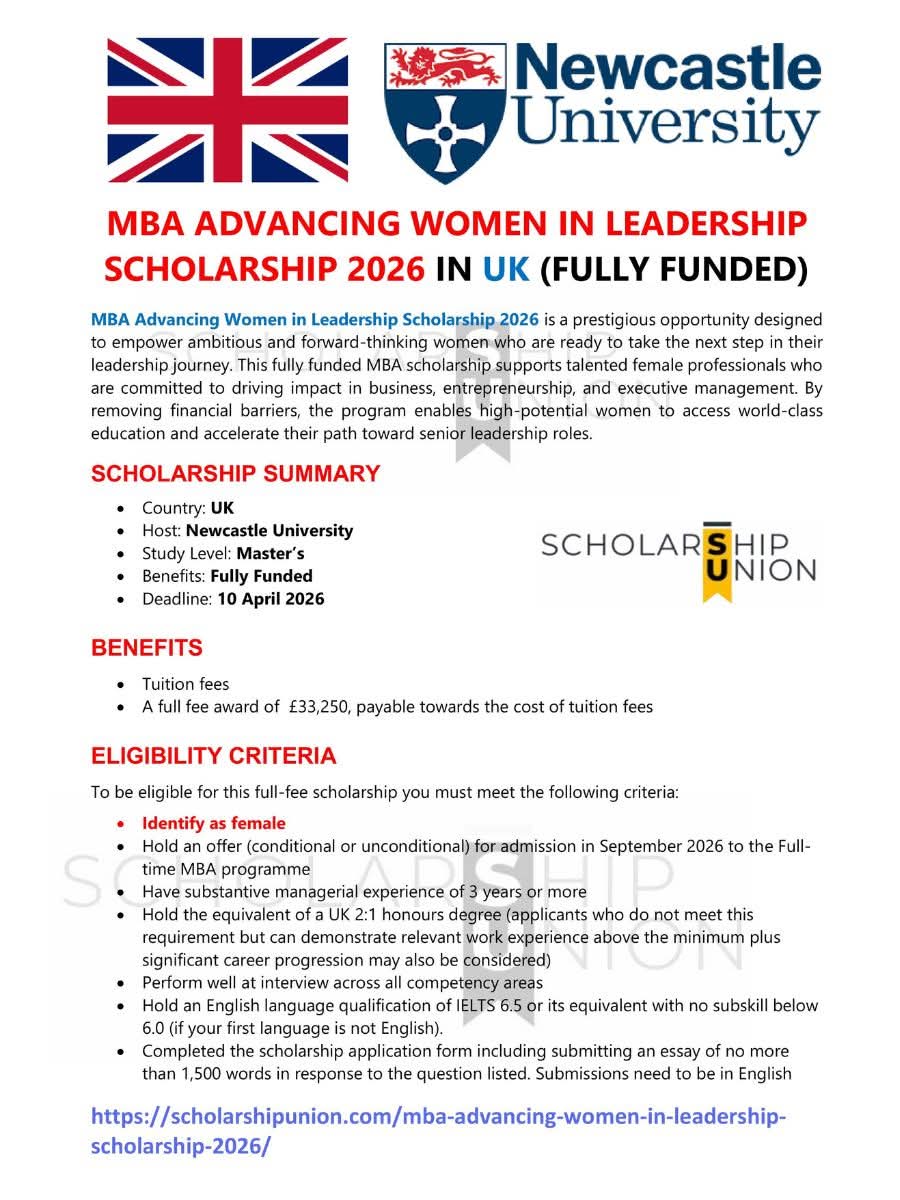 MBA Advancing Women in Leadership Scholarship 2026 in UK