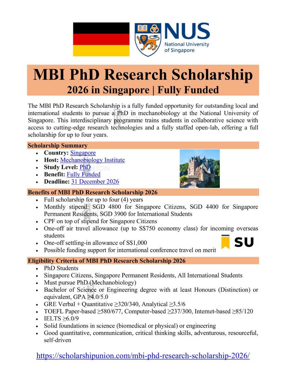 MBI PhD Research Scholarship 2026 in Singapore