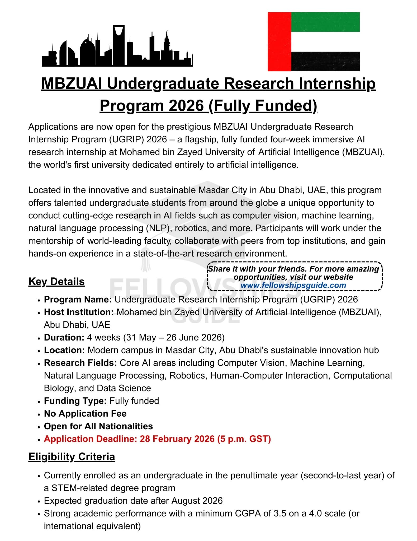 MBZUAI Undergraduate Research Internship Program (UGRIP) 2026 in Abu Dhabi, UAE