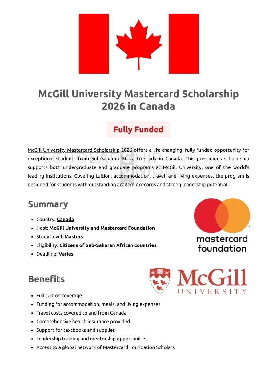 McGill University Mastercard Scholarship 2026 in Canada