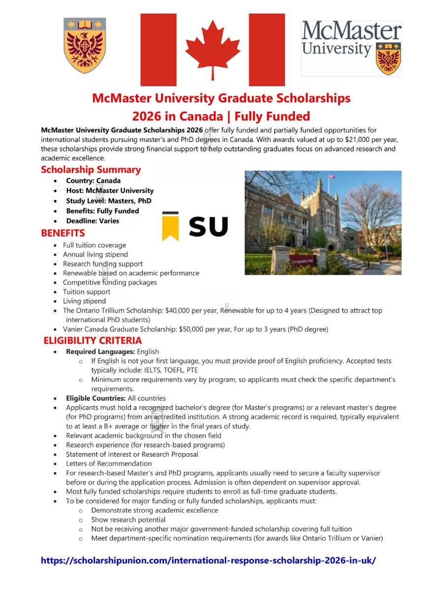 McMaster University Graduate Scholarships 2026 in Canada