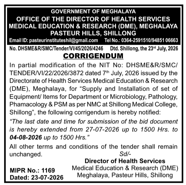 Meghalaya DHS Corrigendum on Medical Equipment Procurement