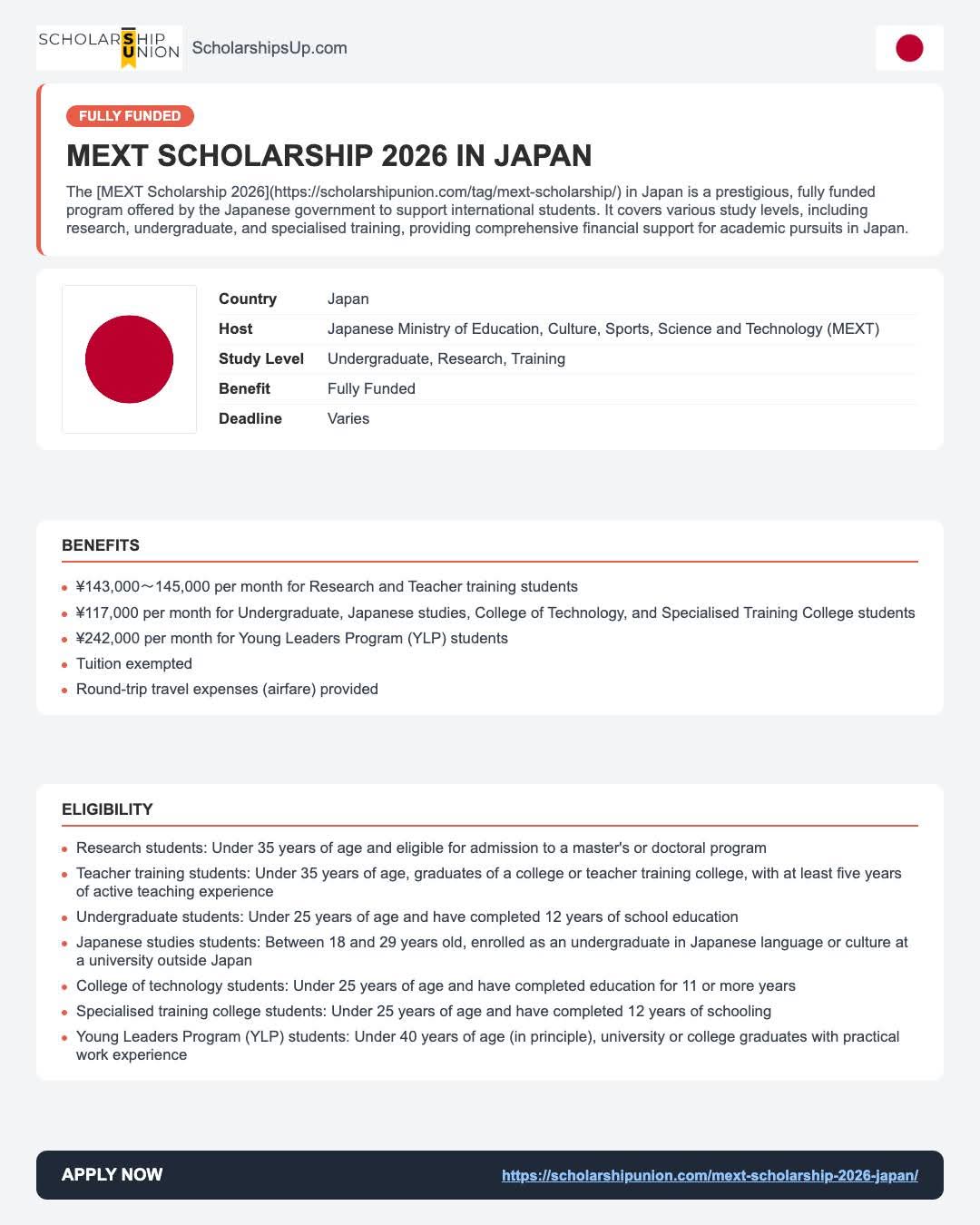 MEXT Scholarship 2026 in Japan