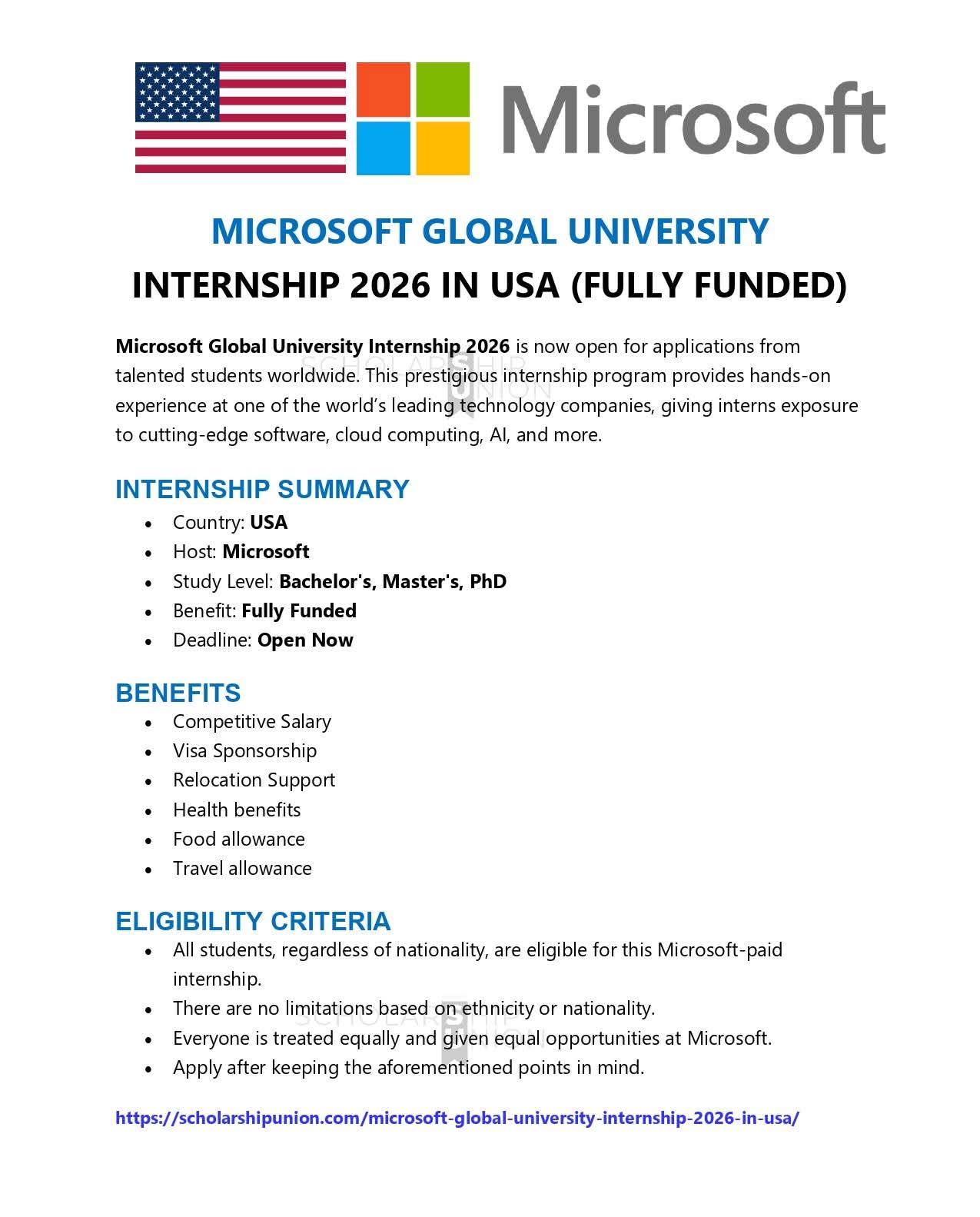 Microsoft Global University Internship 2026 in USA